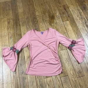 Bluebell Pink Wrap Style Bell Sleeve Blouse With Floral Embroidery